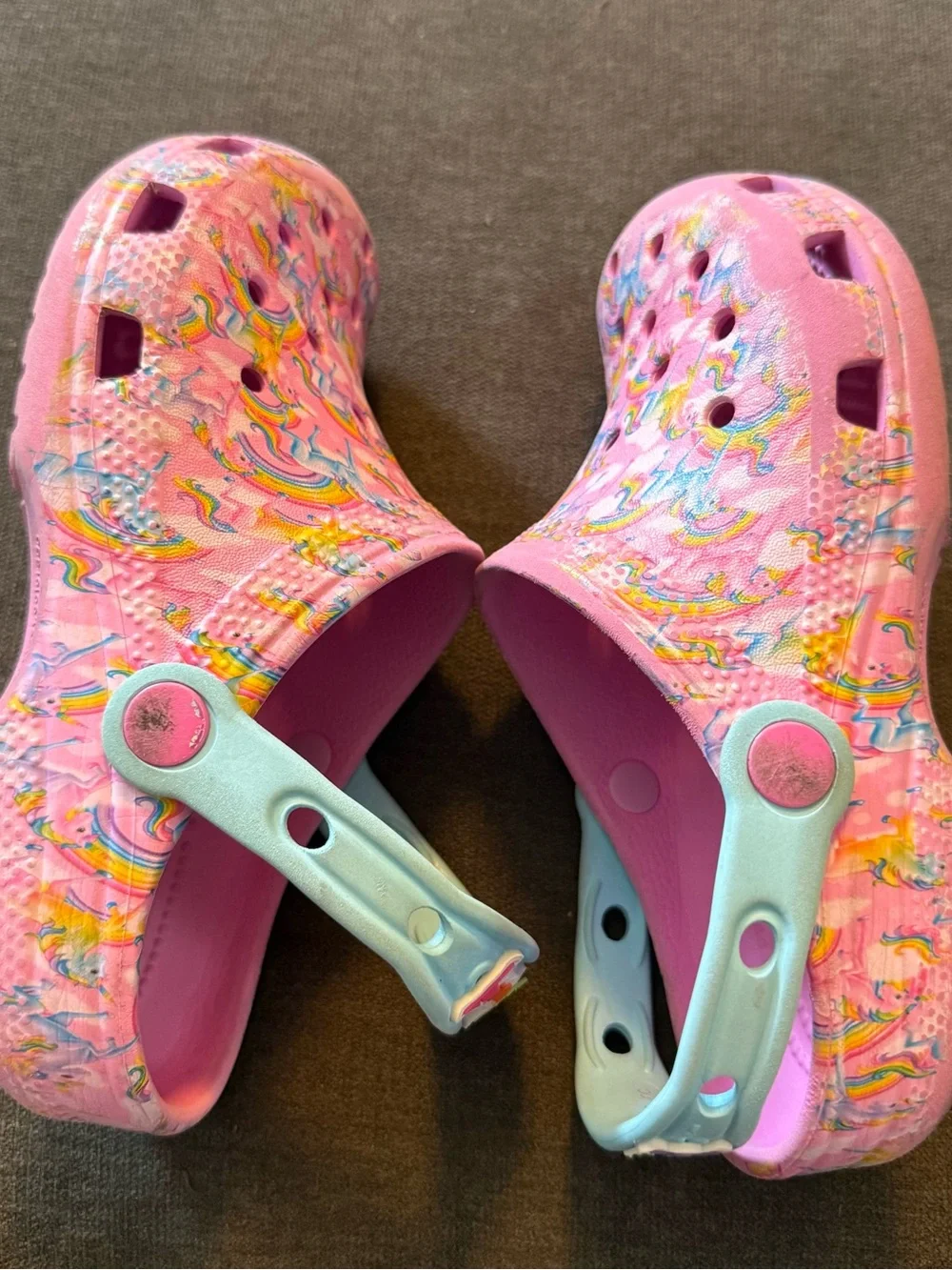 Lisa Frank Crocs Girls Size 2 Pink Floral Sandals - slip on- unicorns, rainbow